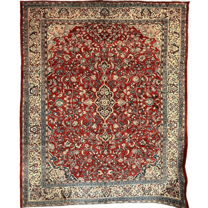Vintage 1950s Persian Mahal rug rich red floral arabesque patterns