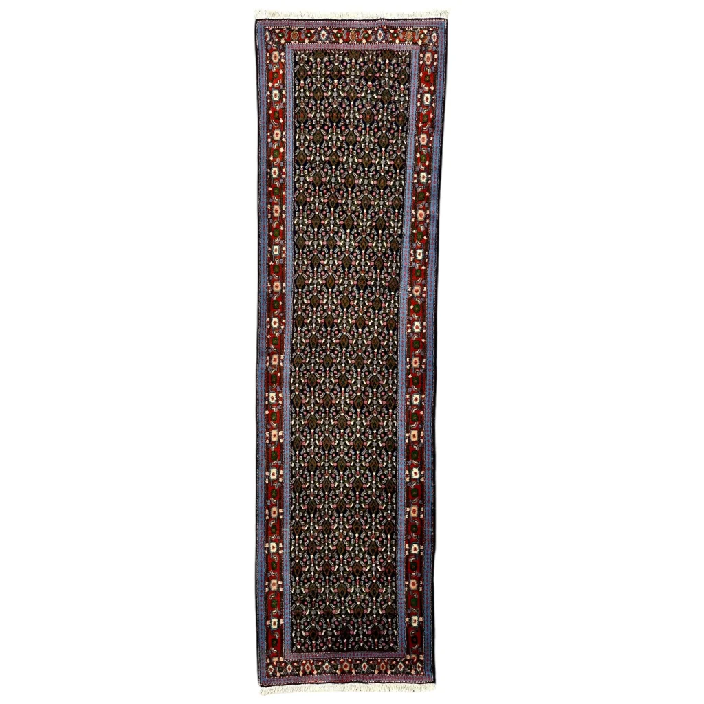 Vintage Persian Senneh runner rug with dark brown field and floral patterns