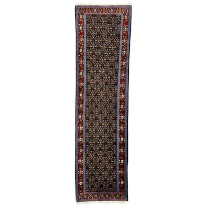 Vintage Persian Senneh runner rug with dark brown field and floral patterns