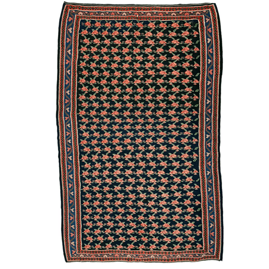 Vintage Senneh rug with coral rose garden motifs in dark blue