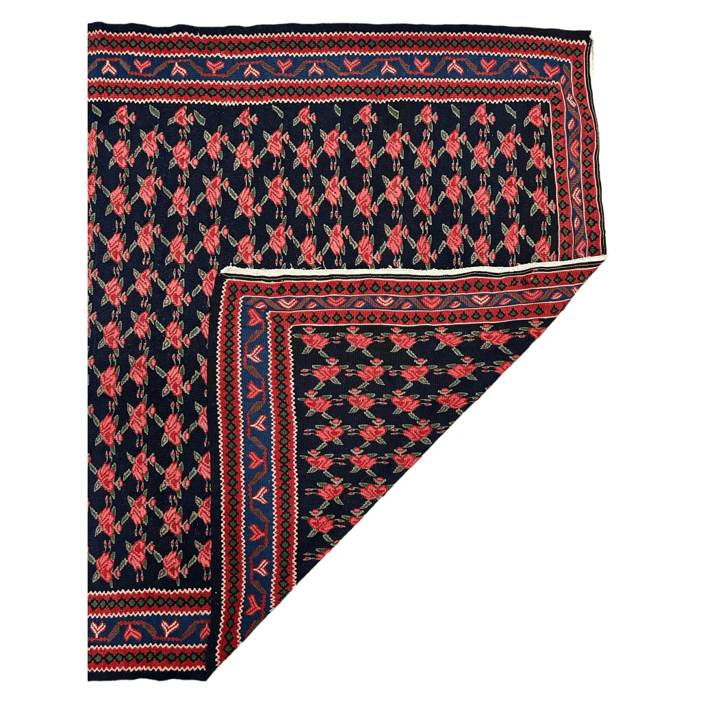 Vintage 1950s Senneh runner dark navy ground with coral rose garden pattern natural wool pile