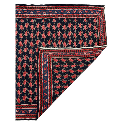 Vintage 1950s Senneh runner dark navy ground with coral rose garden pattern natural wool pile