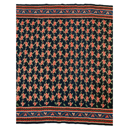 Vintage 1950s Persian Senneh runner with coral and rose floral motifs on deep blue background