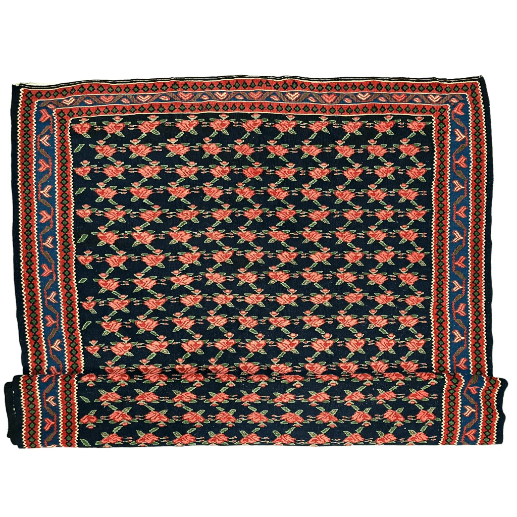 Vintage 1950s Persian Senneh runner with coral rose garden design and natural dye vibrancy