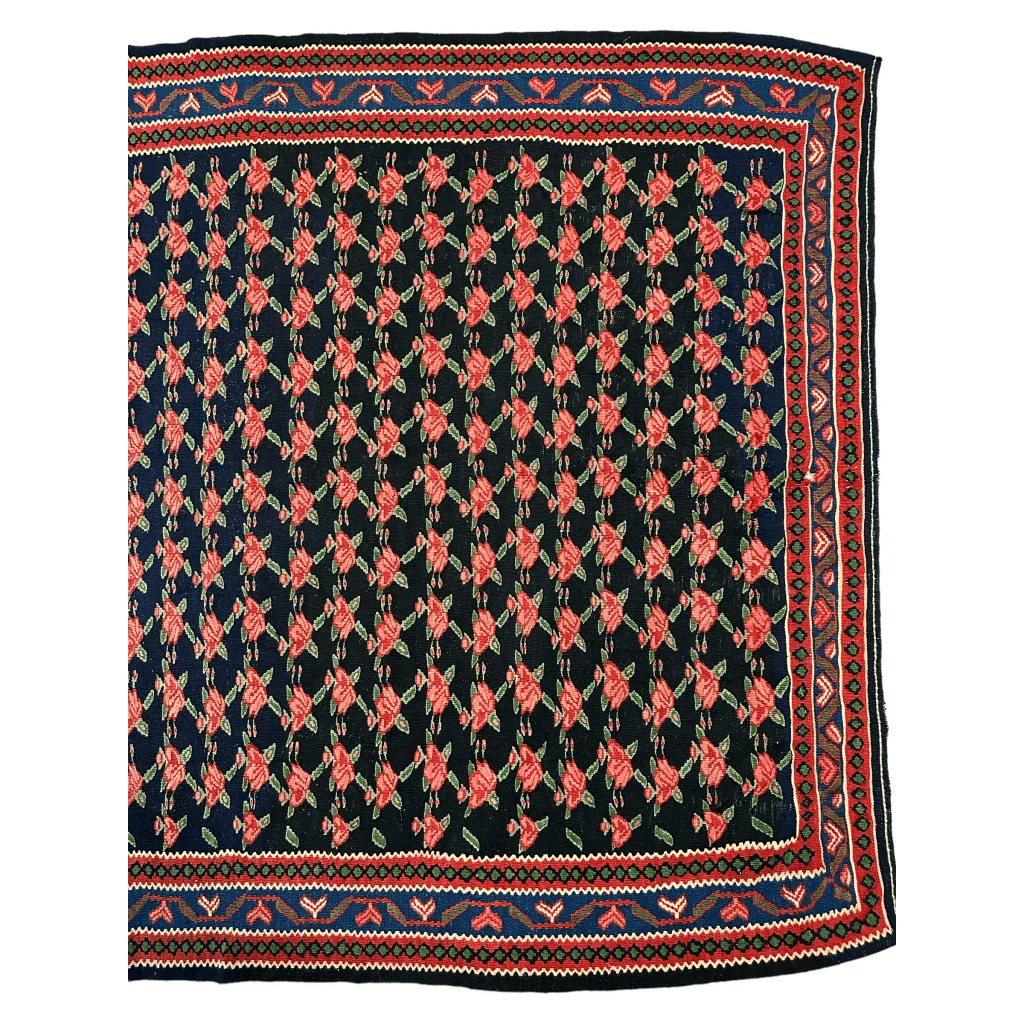 Vintage 1950s Senneh runner with rose garden pattern in coral red and dark navy natural wool