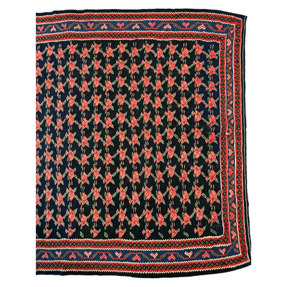 Vintage 1950s Senneh runner with rose garden pattern in coral red and dark navy natural wool