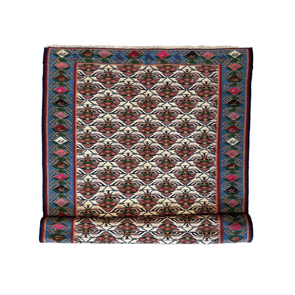 Vintage 1980s Persian Senneh runner rug, full view, rich natural dye geometric design, red blue cream