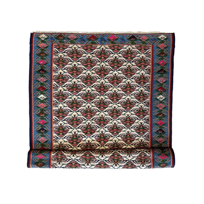 Vintage 1980s Persian Senneh runner rug, full view, rich natural dye geometric design, red blue cream