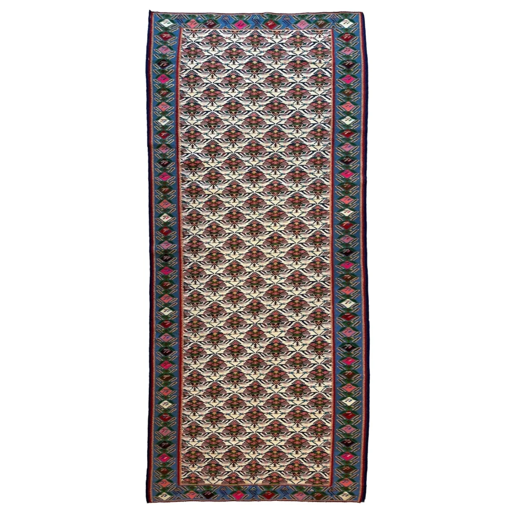 Vintage Senneh runner rug 1980s, detail of intricate geometric field pattern, natural wool on cotton foundation