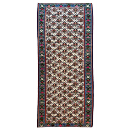 Vintage Senneh runner rug 1980s, detail of intricate geometric field pattern, natural wool on cotton foundation