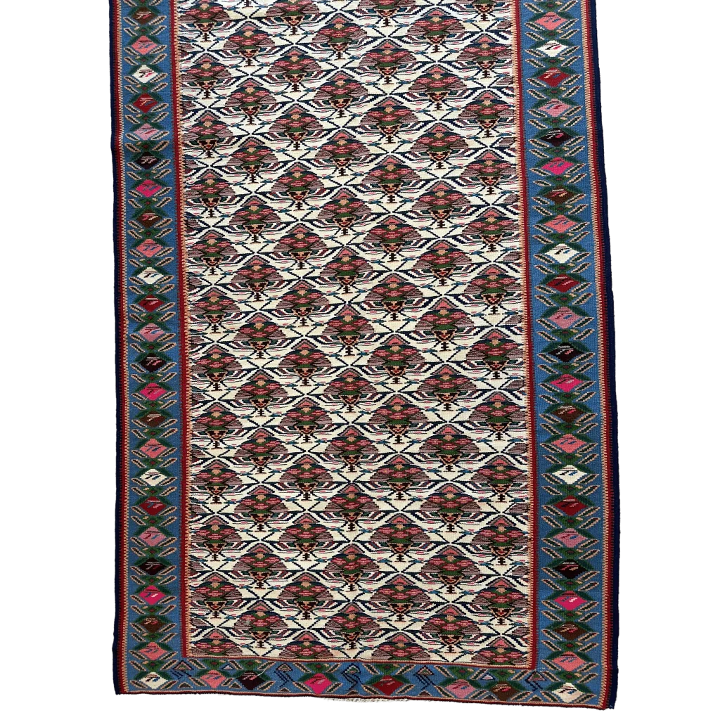 Vintage Persian Senneh runner rug, border detail, hand-knotted natural wool, fine knot density