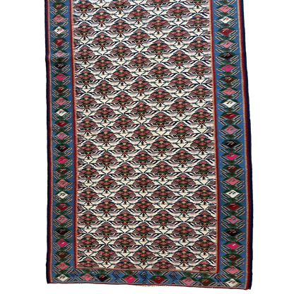Vintage Persian Senneh runner rug, border detail, hand-knotted natural wool, fine knot density
