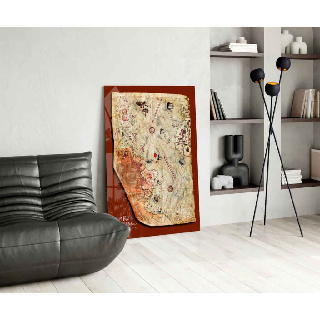 Vintage 1549 world map wall art on aged parchment in wooden frame