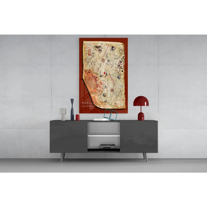 Gray sideboard with red accents under 1549 vintage world map wall art