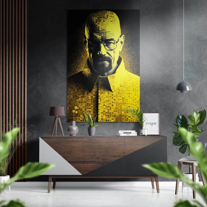 Pixelated Walter White portrait on brushed aluminium dibond wall art
