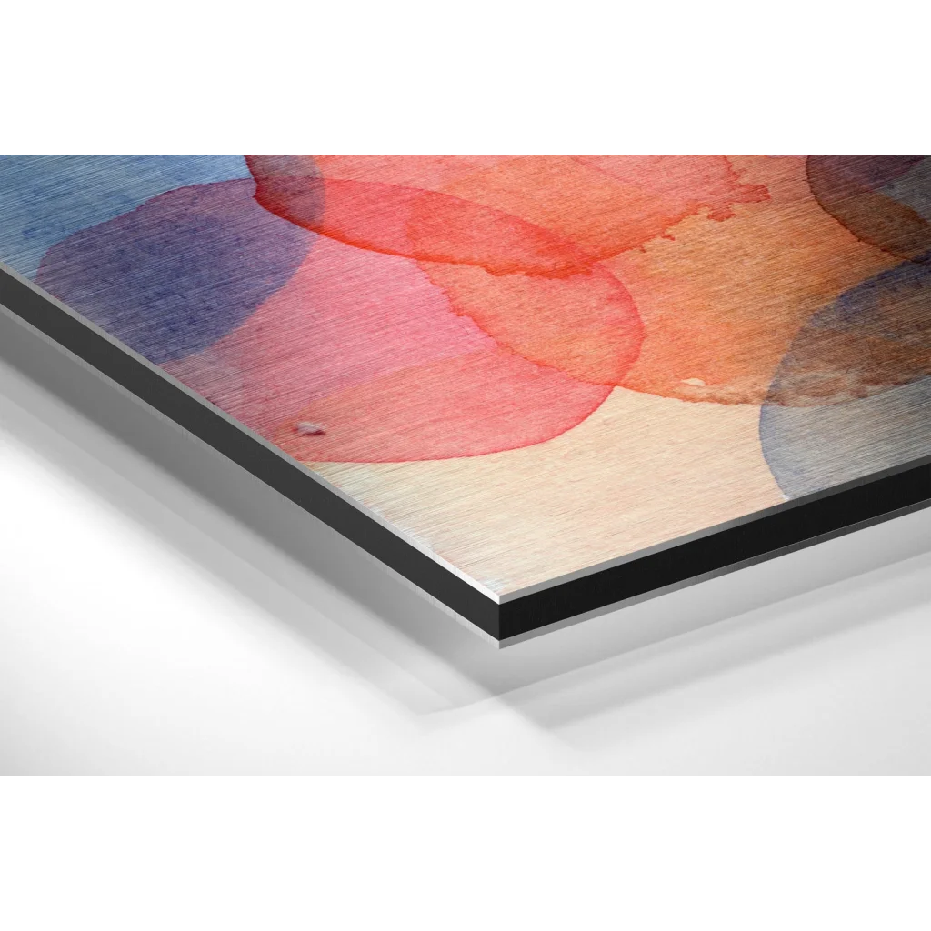 Glass Wall Art Stunning abstract watercolor on brushed aluminium dibond panel in pink, orange, blue hues
