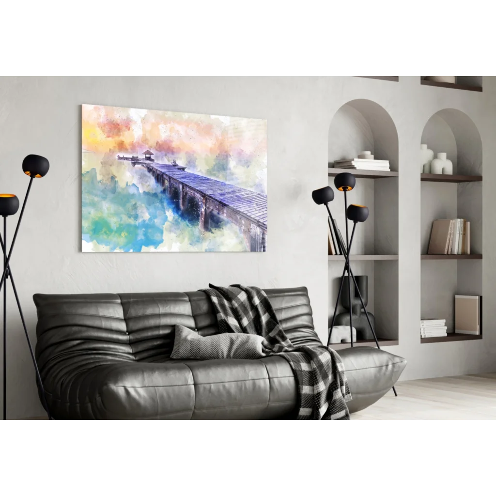 Modern leather sofa with plaid throw and stunning watercolor wall art