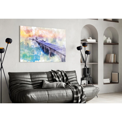 Modern leather sofa with plaid throw and stunning watercolor wall art