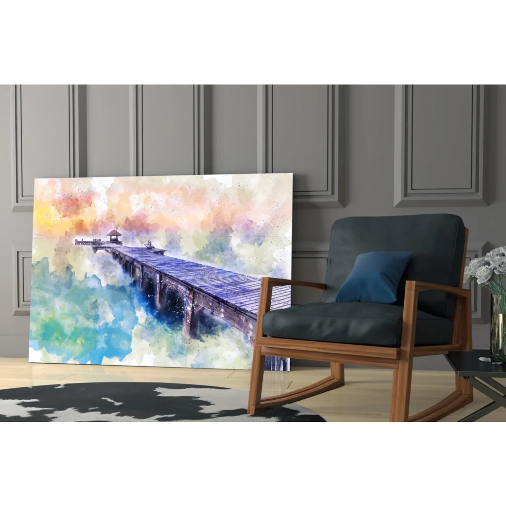 Vibrant watercolor pier wall art canvas with blue purple hues and wooden texture