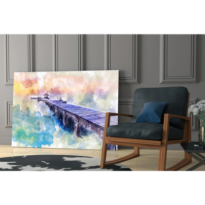 Vibrant watercolor pier wall art canvas with blue purple hues and wooden texture