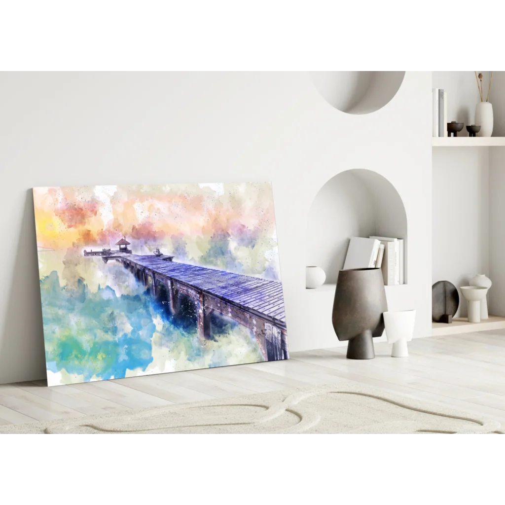 Vivid blue purple watercolor pier wall art print