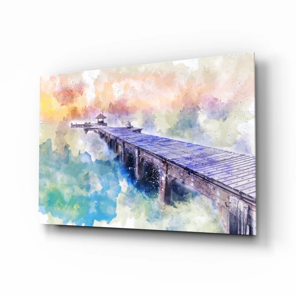 Vivid blue purple watercolor wooden pier with gazebo wall art