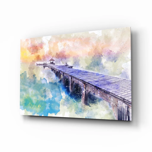 Vivid blue purple watercolor wooden pier with gazebo wall art