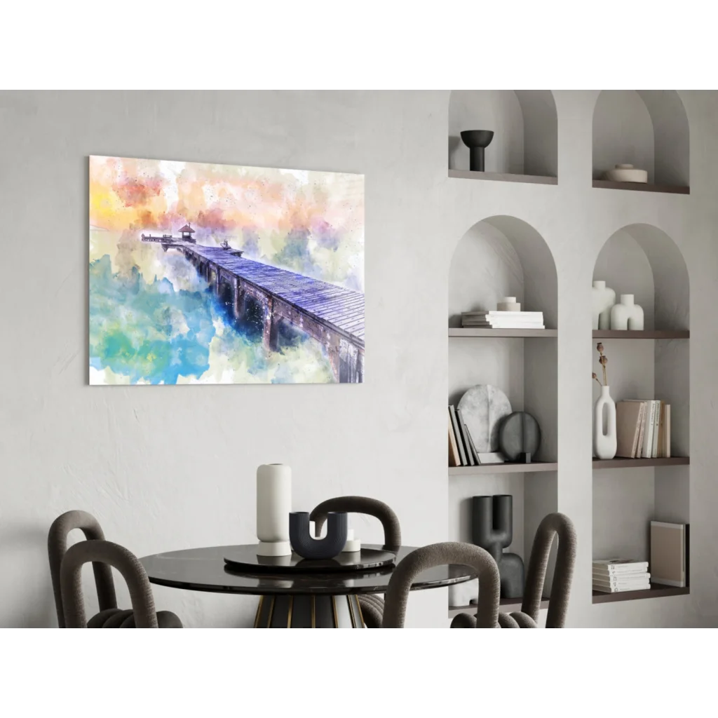 Vibrant watercolor pier wall art print on canvas in blue purple hues