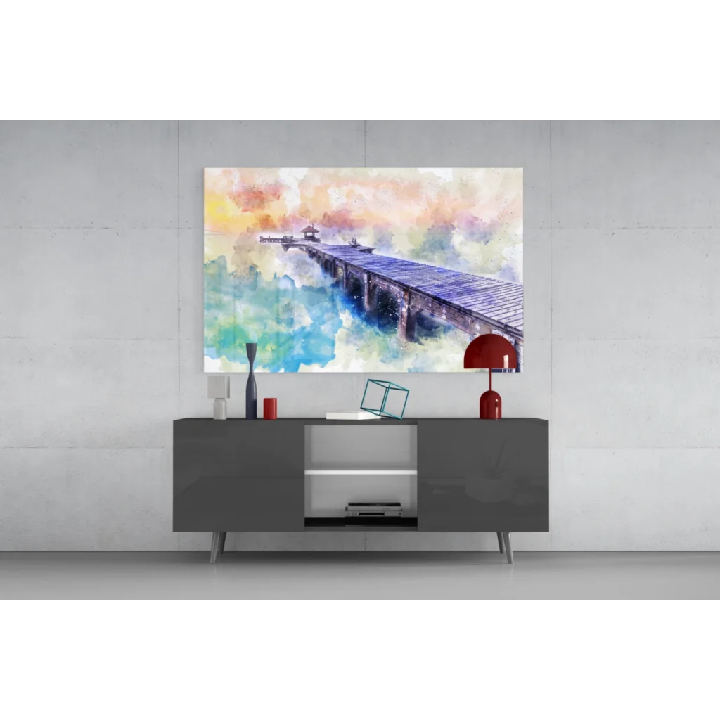 Modern gray sideboard with sleek white drawers and silver legs in minimalist wall art style