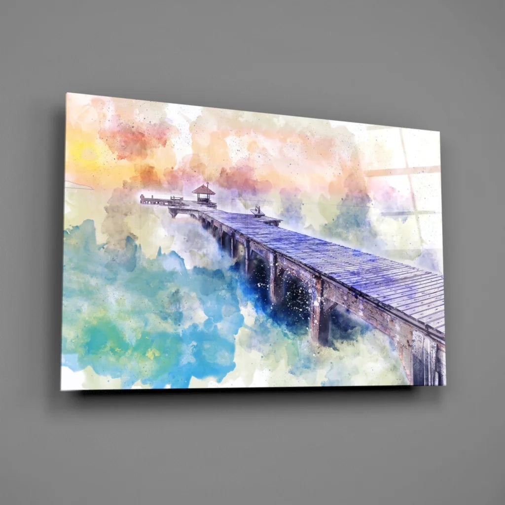 Vibrant watercolor wooden pier wall art with blue purple hues