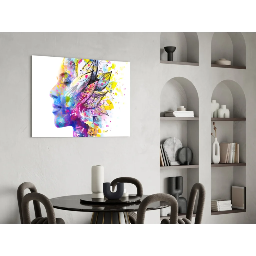 Vibrant abstract watercolor woman portrait wall art in blue purple yellow pink