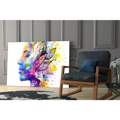 Vibrant watercolor woman portrait wall art canvas with feathers in blue hues