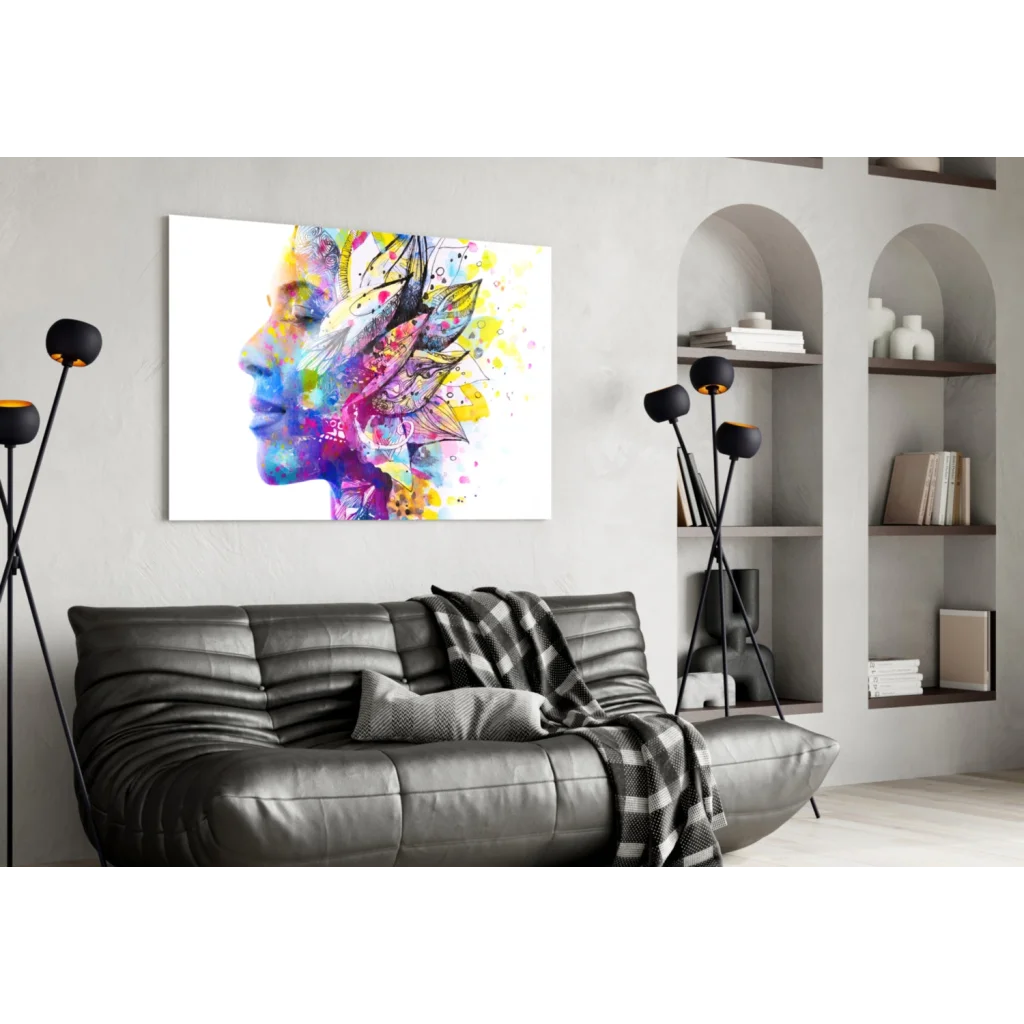 Vibrant abstract watercolor woman portrait wall art in rainbow hues