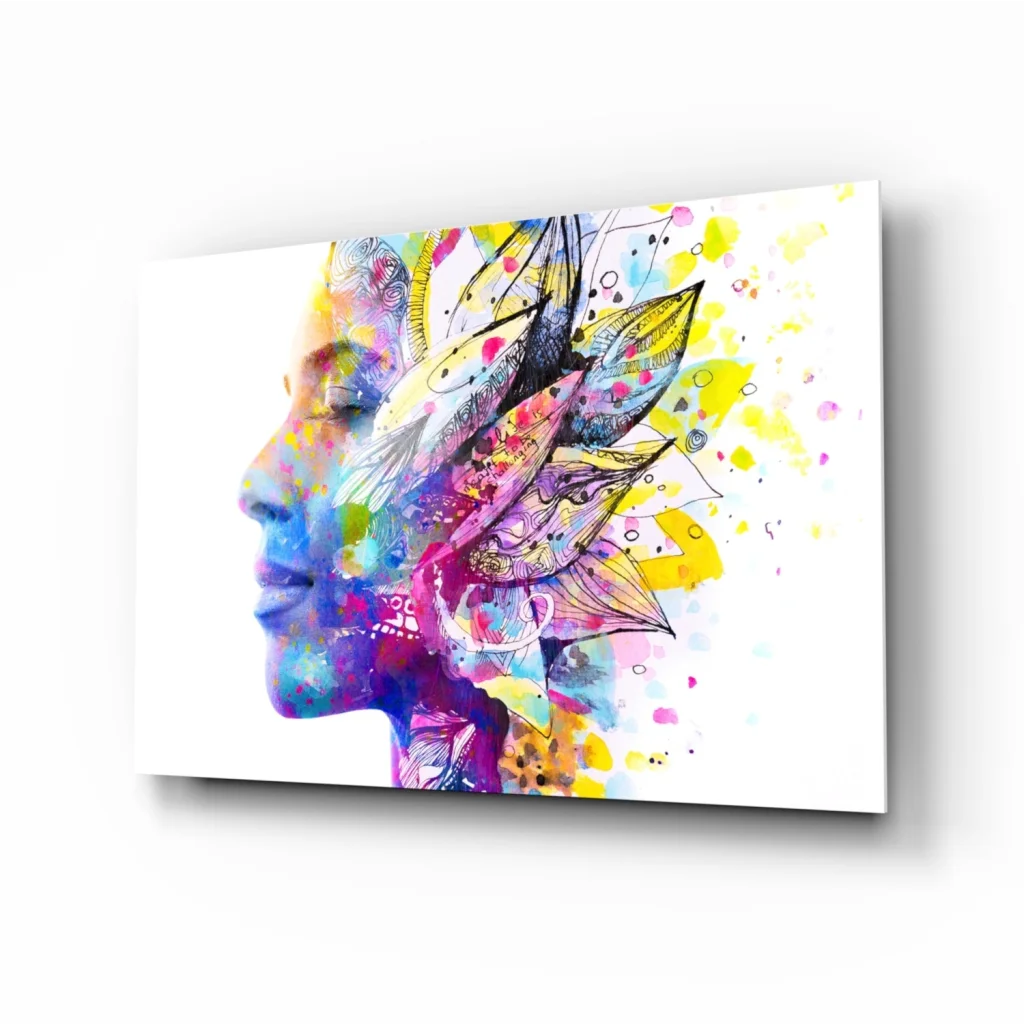 Vibrant watercolor woman portrait wall art canvas with colorful feathers