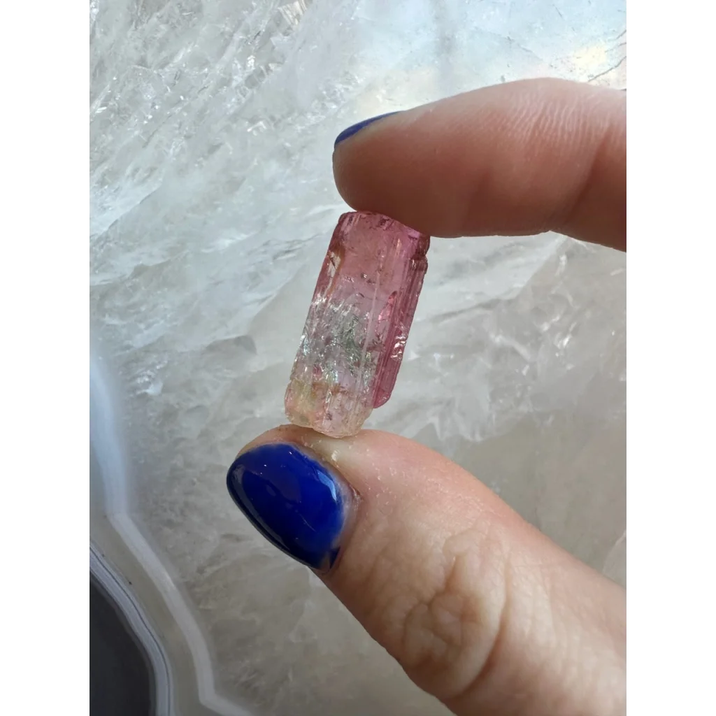 Stunning pink-clear watermelon tourmaline crystal from Brazil, held in fingers