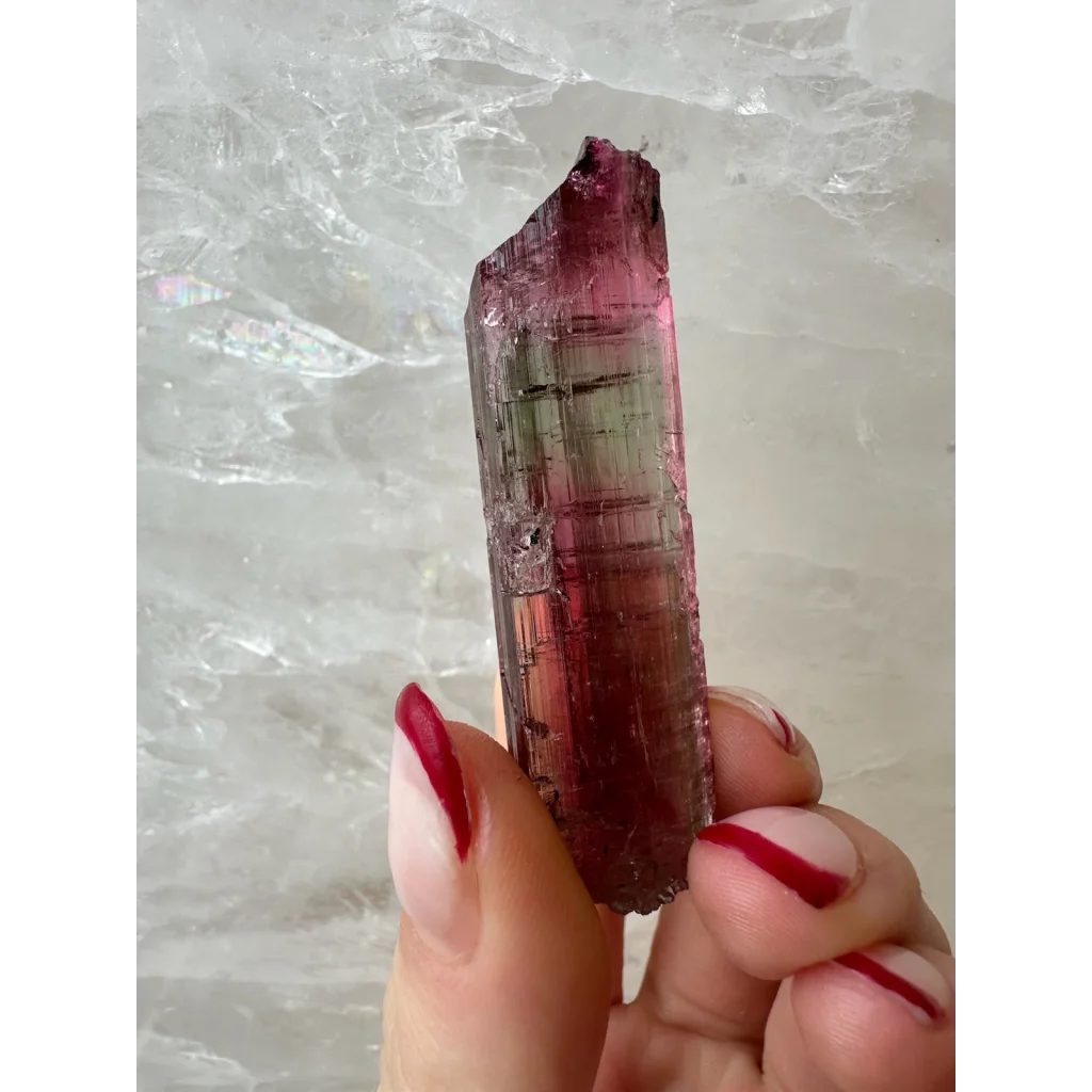 Vibrant watermelon tourmaline crystal in pink to red hues with faceted translucence