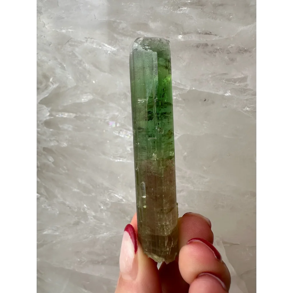 Stunning watermelon tourmaline Paprok crystal from Afghanistan, translucent green with inclusions