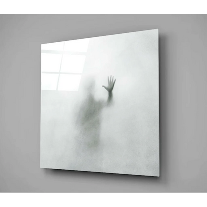 Stunning white abstract glass wall art with ghostly handprint design