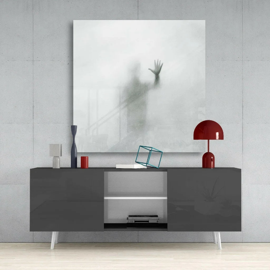 Stunning white abstract glass wall art with ghostly hand design