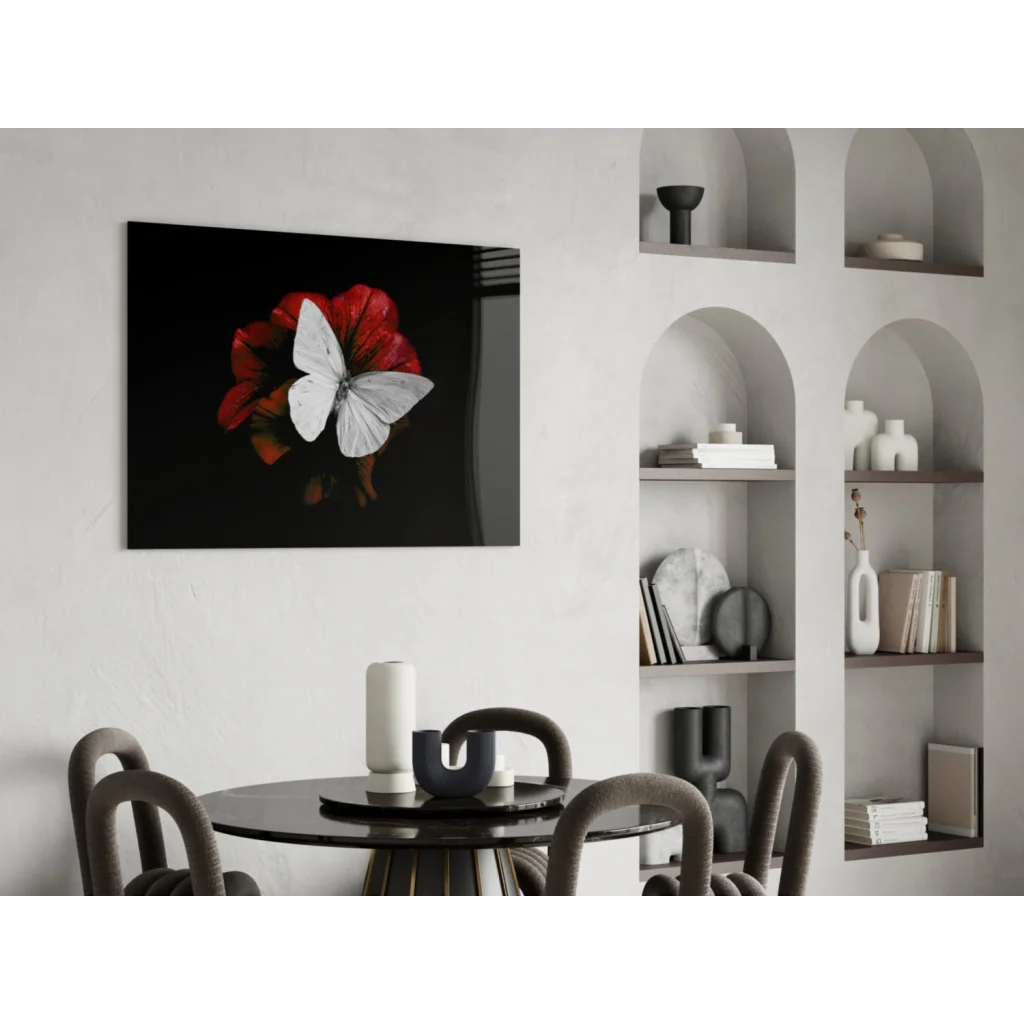 Stunning white butterfly on red flower wall art print