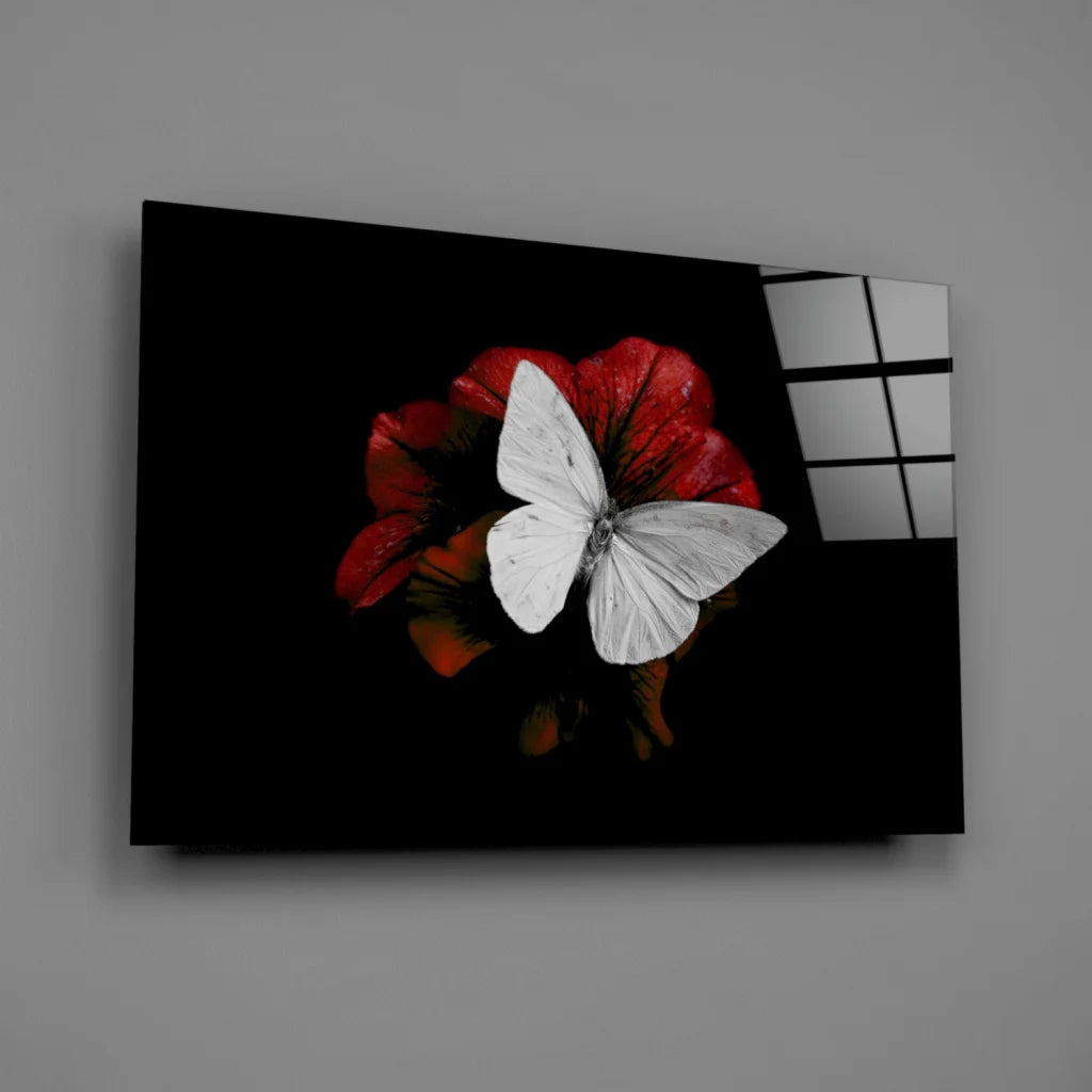 Stunning white butterfly on red flower canvas wall art print