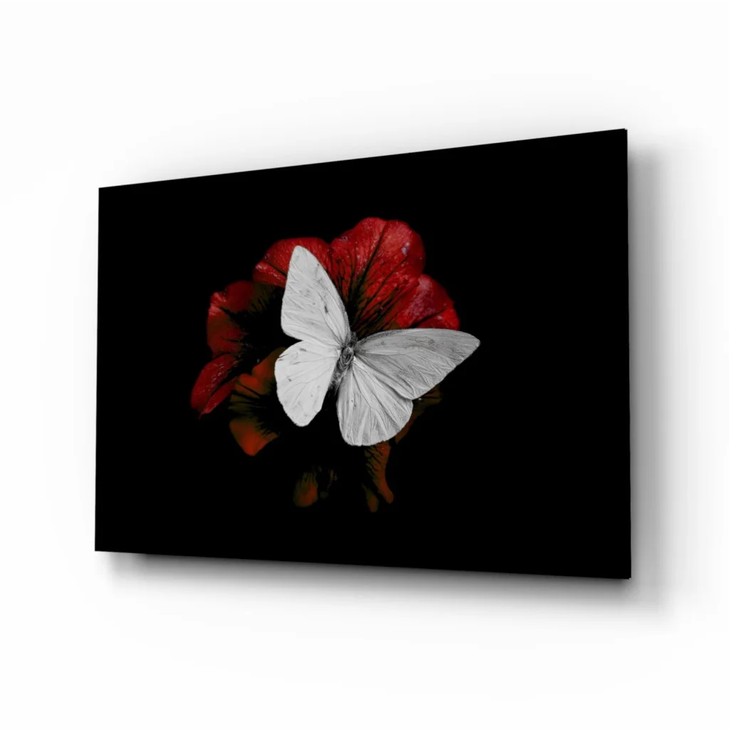 White butterfly on vibrant red flower canvas wall art print