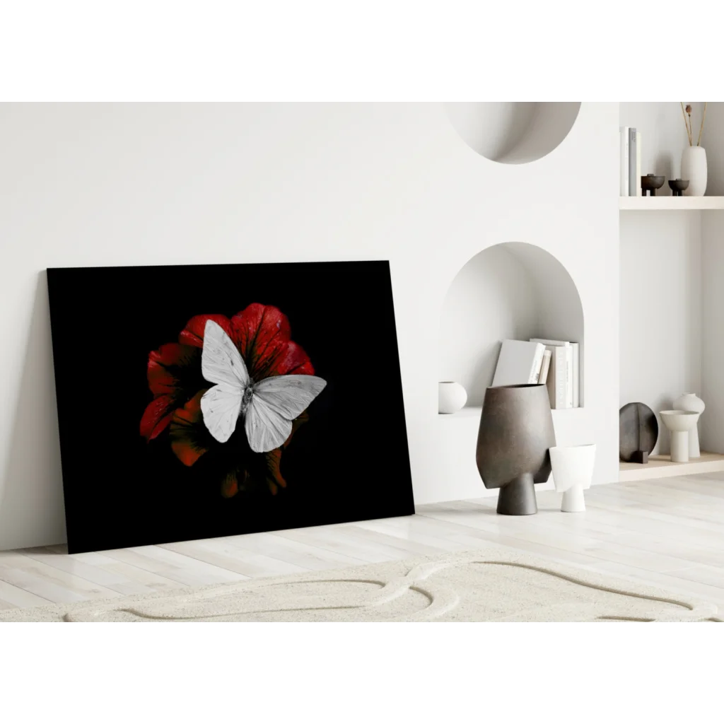 Stunning white butterfly red flower canvas wall art print