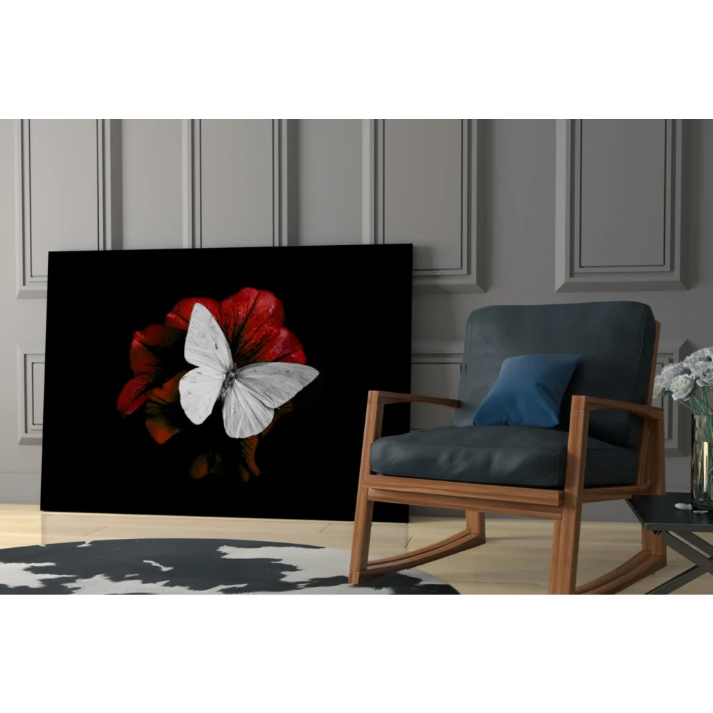 Stunning white butterfly red flower canvas wall art print