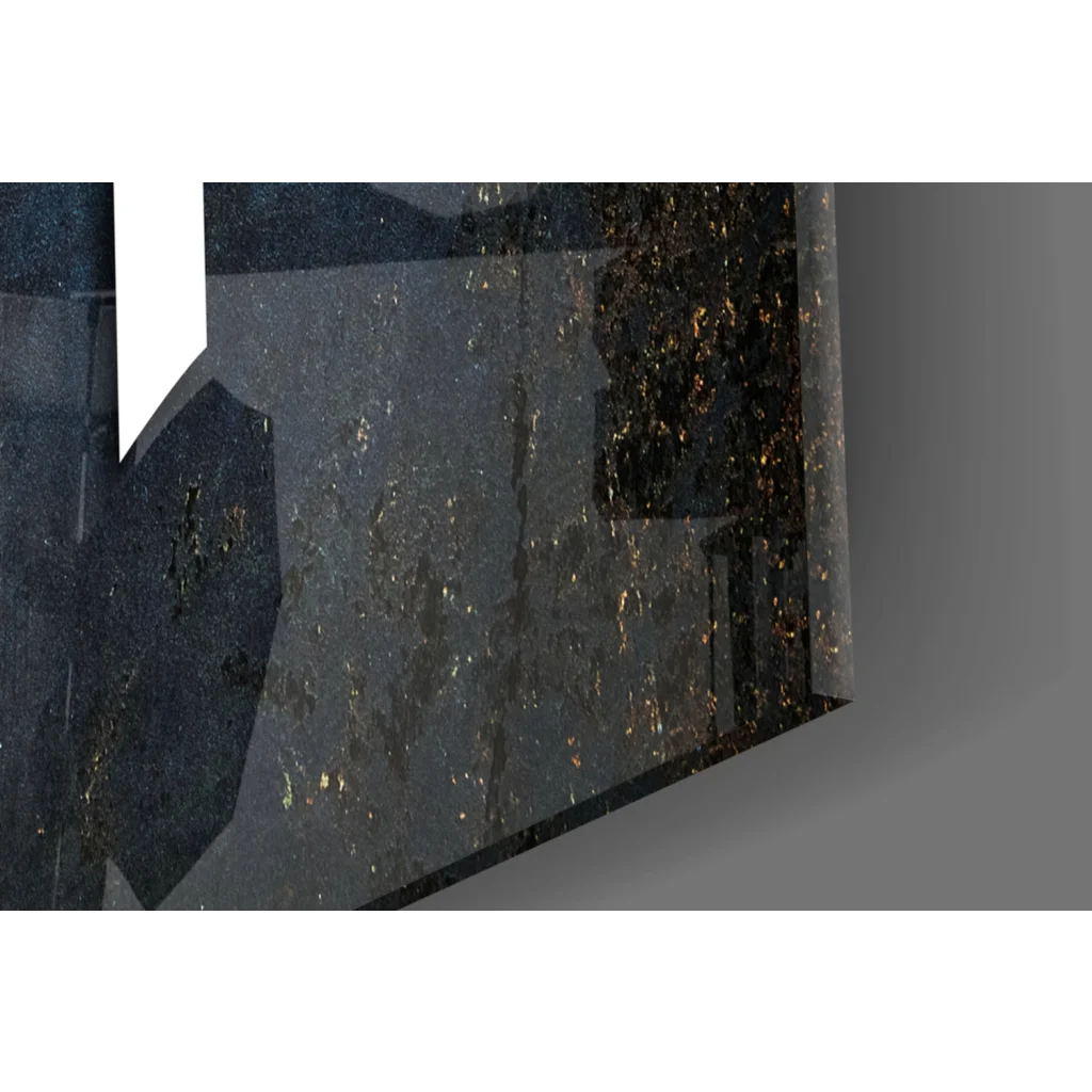 Stunning white gothic glass wall art on blue background with black and gold textured table runner geometric patterns