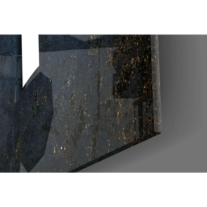 Stunning white gothic glass wall art on blue background with black and gold textured table runner geometric patterns