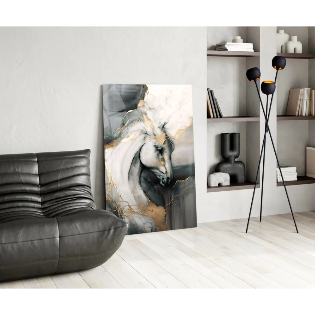 Stunning white horse wall art with gold abstract details