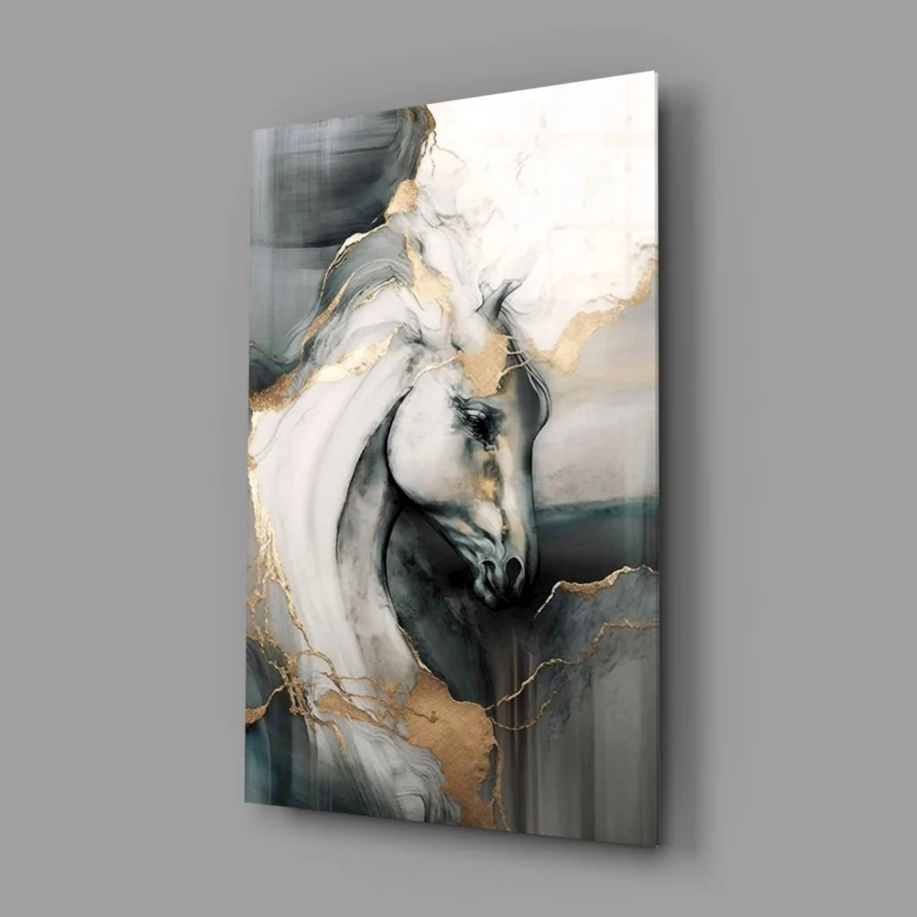 Stunning white horse canvas wall art with gold accents