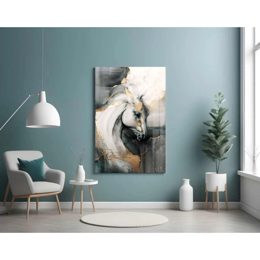 Modern abstract white horse canvas wall art with gold accents