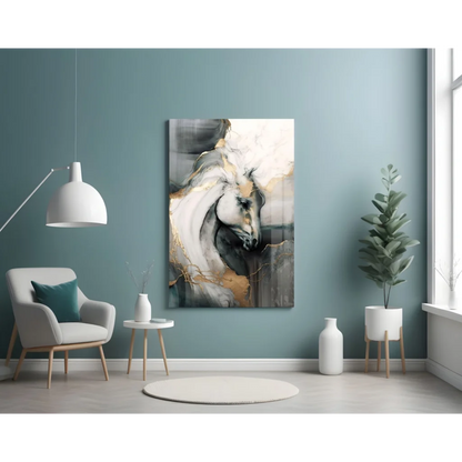 Modern abstract white horse canvas wall art with gold accents